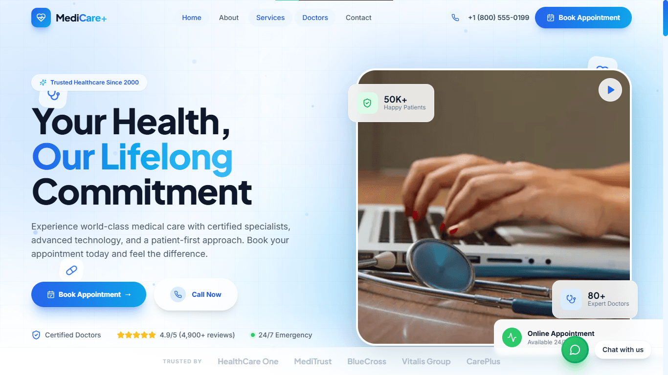 Clinic website design preview with healthcare service layout and appointment-focused structure