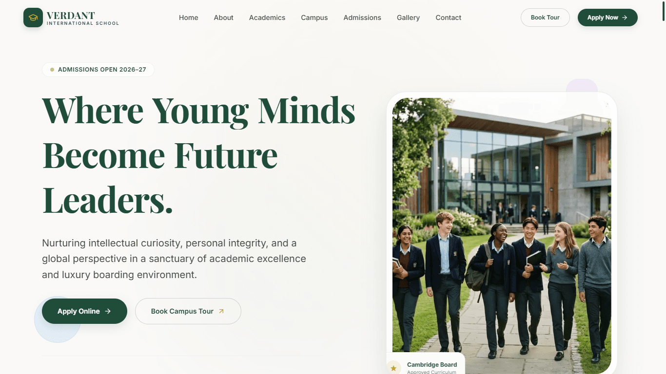 School website design preview with admissions information and academic overview layout